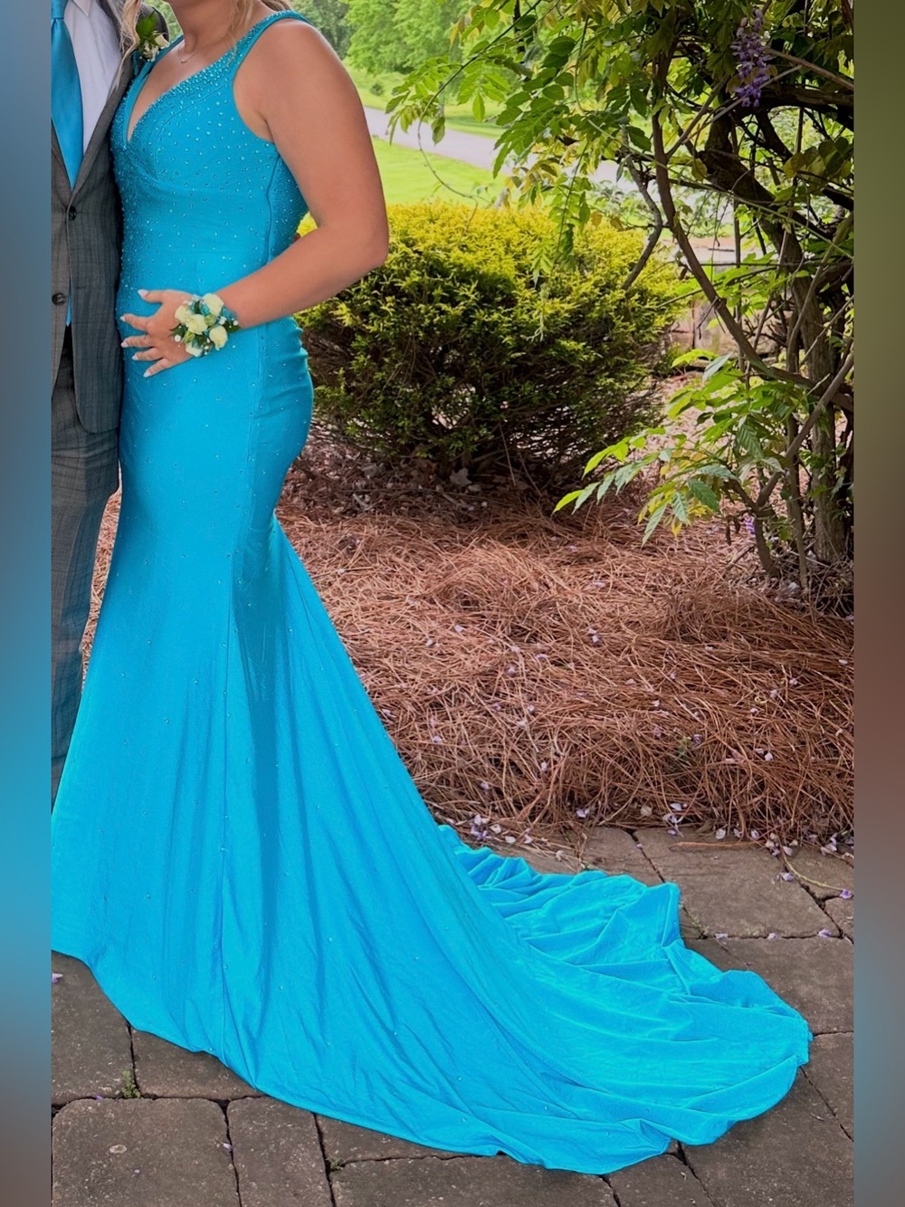 Johnathan Kayne Aqua Hand-Beaded Mermaid Gown with Train, Size 8